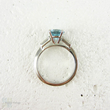 Blue Zircon & Diamond Engagement Ring, Round Blue Zircon with Tapered Baguettes in Vintage Platinum Setting, 2.45 ctw.