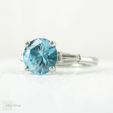 Blue Zircon & Diamond Engagement Ring, Round Blue Zircon with Tapered Baguettes in Vintage Platinum Setting, 2.45 ctw.