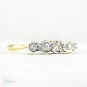 Antique Five Stone Diamond Ring, Old Mine Cut Pave Set Diamond Wedding Ring with Milgrain Beading, 18 Carat & Platinum, Circa 1890s.