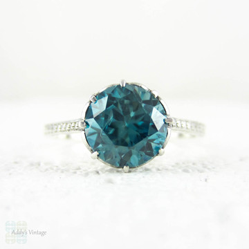 Vintage Blue Zircon Ring, Engraved 9 Carat White Gold Solitaire Engagement Ring. Mid Century, Circa 1940s.