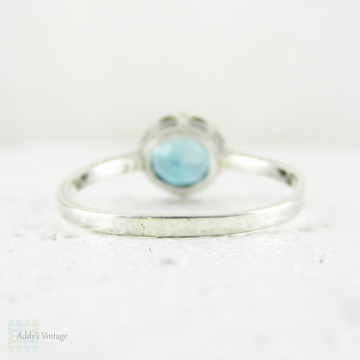 Vintage Blue Zircon Ring, Engraved 9 Carat White Gold Solitaire Engagement Ring. Mid Century, Circa 1940s.