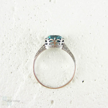 Vintage Blue Zircon Ring, Engraved 9 Carat White Gold Solitaire Engagement Ring. Mid Century, Circa 1940s.