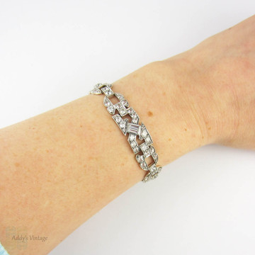 Art Deco Paste Bracelet, Silver & Diamanté Round and Baguette Cut Rhinestone Bracelet, Circa 1930s.