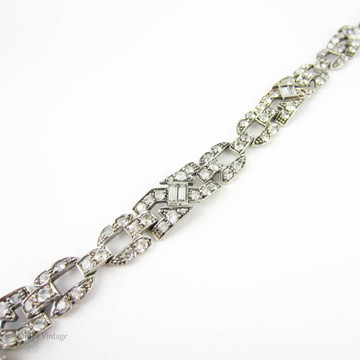 Art Deco Paste Bracelet, Silver & Diamanté Round and Baguette Cut Rhinestone Bracelet, Circa 1930s.