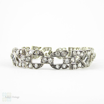 Art Deco Paste Bracelet, Silver & Diamanté Round and Baguette Cut Rhinestone Bracelet, Circa 1930s.