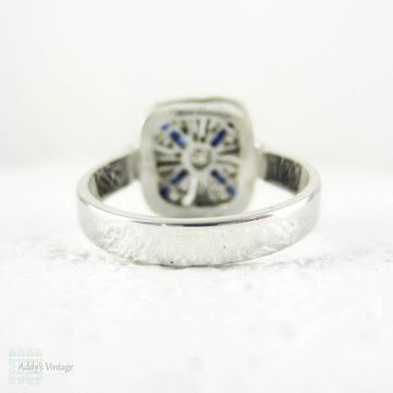 Art Deco Diamond & Sapphire Ring, Sqaure Shape Pave Set Panel Circa 1920s Conversion Ring in 14 Carat White Gold.