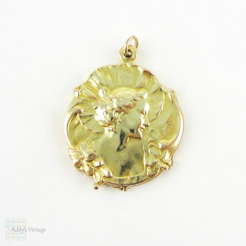 Art Nouveau Locket with Womans Figure & Floral Design, 9 Carat Yellow Gold Photograph Locket, Circa 1910s.