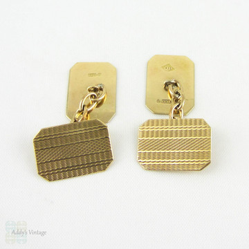 Art Deco Men's Cuff Links. 1930s Engine Turned 9 Carat Yellow Gold Double Sided Rectangular Shape Cufflinks. Fully Hallmarked 1938.