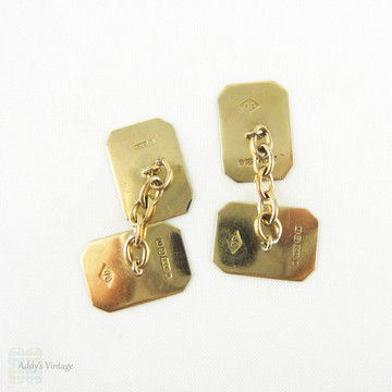 Art Deco Men's Cuff Links. 1930s Engine Turned 9 Carat Yellow Gold Double Sided Rectangular Shape Cufflinks. Fully Hallmarked 1938.