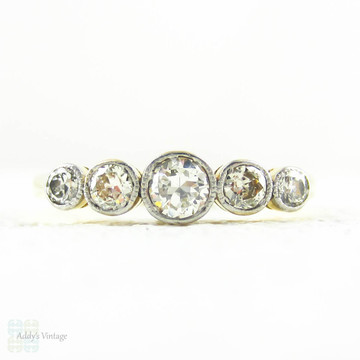 Graduated Five Stone Diamond Ring, Bezel Set Round Cut Diamonds, Milgrain Beaded Bezels. 0.33 ctw, 18 Ct & Platinum, Circa 1930s.