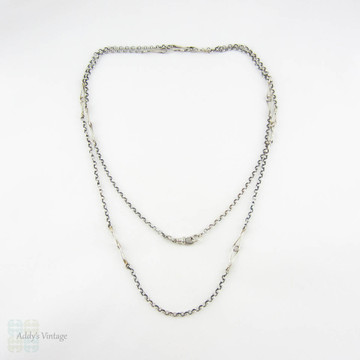 Antique Silver Muff Chain, Long Sterling Silver Guard Chain with Intertwined Fancy Links & Belcher Style Links. 94.5 cm / 37.2 inches, Circa 1910s.