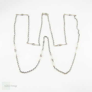 Antique Silver Muff Chain, Long Sterling Silver Guard Chain with Intertwined Fancy Links & Belcher Style Links. 94.5 cm / 37.2 inches, Circa 1910s.