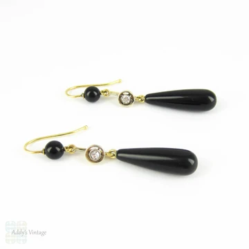 Antique Onyx & Diamond Earrings Set in 18 Carat Gold. Teardrop Shape Onyx Dangle Earrings with Old Mine Cut Diamonds, Circa 1900s.