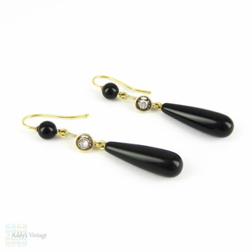 Antique Onyx & Diamond Earrings Set in 18 Carat Gold. Teardrop Shape Onyx Dangle Earrings with Old Mine Cut Diamonds, Circa 1900s.