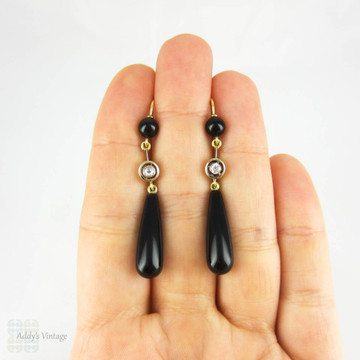 Antique Onyx & Diamond Earrings Set in 18 Carat Gold. Teardrop Shape Onyx Dangle Earrings with Old Mine Cut Diamonds, Circa 1900s.