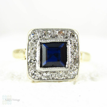 BALANCE. Sapphire & Diamond Engagement Ring, Art Deco Square Shape Blue Sapphire with Diamond Halo. Milgrain Detail,18ct Plat, 1930s.