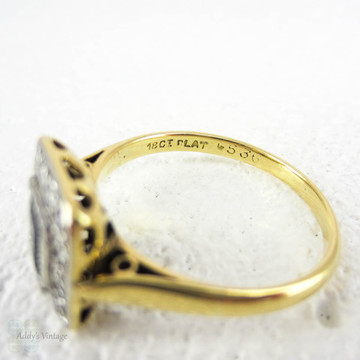 BALANCE. Sapphire & Diamond Engagement Ring, Art Deco Square Shape Blue Sapphire with Diamond Halo. Milgrain Detail,18ct Plat, 1930s.