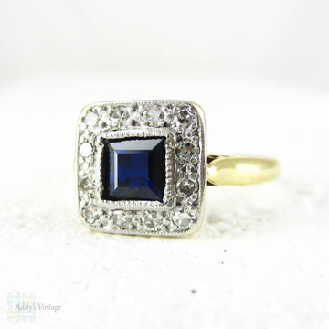 BALANCE. Sapphire & Diamond Engagement Ring, Art Deco Square Shape Blue Sapphire with Diamond Halo. Milgrain Detail,18ct Plat, 1930s.