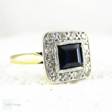 BALANCE. Sapphire & Diamond Engagement Ring, Art Deco Square Shape Blue Sapphire with Diamond Halo. Milgrain Detail,18ct Plat, 1930s.