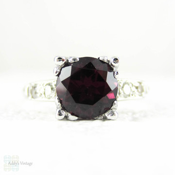 Art Deco Platinum Diamond Engagement Ring, Rhodolite Garnet in Fishtail Style Triple Claw 1930s Setting. Milgrain Beading with Knife Edge.