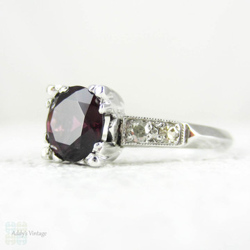 Art Deco Platinum Diamond Engagement Ring, Rhodolite Garnet in Fishtail Style Triple Claw 1930s Setting. Milgrain Beading with Knife Edge.