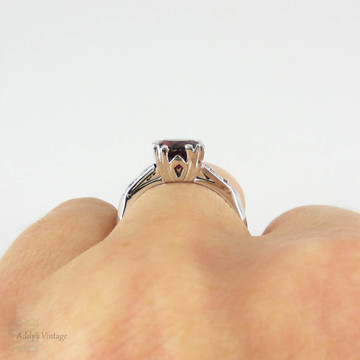 Art Deco Platinum Diamond Engagement Ring, Rhodolite Garnet in Fishtail Style Triple Claw 1930s Setting. Milgrain Beading with Knife Edge.