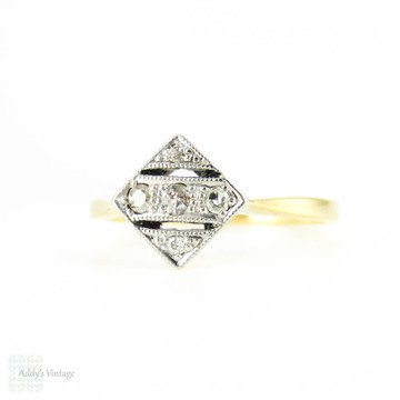 RESERVED. Art Deco Square Set Diamond Ring, Five Stone in Triple Row Pierced Style Setting with Milgrain Beading. 18ct & Platinum, Circa 1930s.