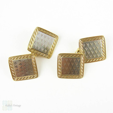 Vintage Gold Cuff Links. Men's 9 ct Yellow & 18ct White Gold Two Tone Engine Turned Square Shape Cufflinks. Circa 1930s - 1940s.