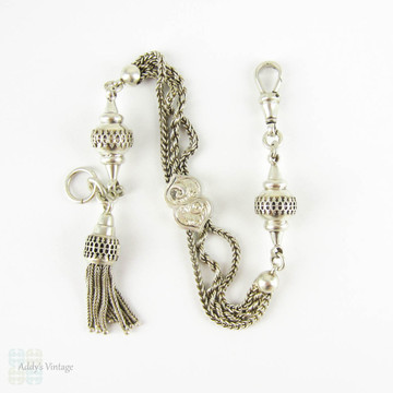 Victorian Sterling Silver Albertina, Antique Bracelet, Rope & Curb Chain Link Watch Chain with Tassel, Fancy Link and Dog Clip, Circa 1880s.