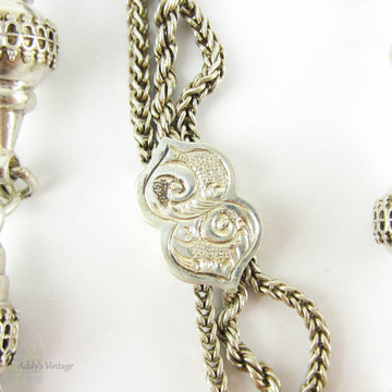 Victorian Sterling Silver Albertina, Antique Bracelet, Rope & Curb Chain Link Watch Chain with Tassel, Fancy Link and Dog Clip, Circa 1880s.