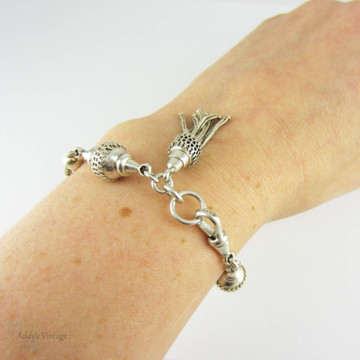 Victorian Sterling Silver Albertina, Antique Bracelet, Rope & Curb Chain Link Watch Chain with Tassel, Fancy Link and Dog Clip, Circa 1880s.