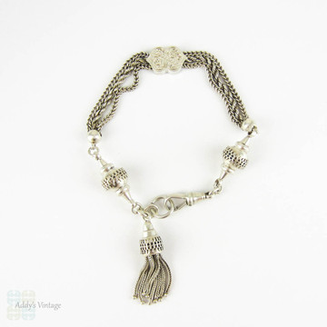 Victorian Sterling Silver Albertina, Antique Bracelet, Rope & Curb Chain Link Watch Chain with Tassel, Fancy Link and Dog Clip, Circa 1880s.