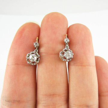 Victorian Diamond Earrings, Old European Cut Drop Earrings in 18 Carat Gold & Platinum. French Dormeuse Style Earrings, Circa 1880s.