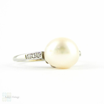 Antique Pearl & Diamond Engagement Ring. Edwardian Platinum Set White Cultured Pearl Ring. Circa 1900s.
