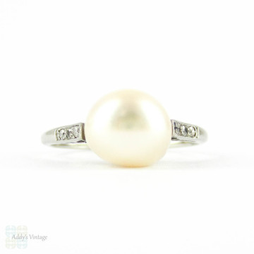 Antique Pearl & Diamond Engagement Ring. Edwardian Platinum Set White Cultured Pearl Ring. Circa 1900s.
