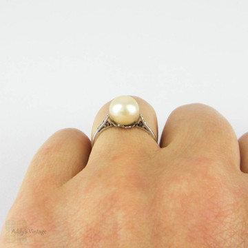 Antique Pearl & Diamond Engagement Ring. Edwardian Platinum Set White Cultured Pearl Ring. Circa 1900s.