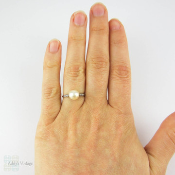 Antique Pearl & Diamond Engagement Ring. Edwardian Platinum Set White Cultured Pearl Ring. Circa 1900s.
