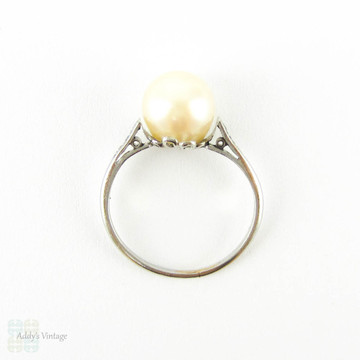 Antique Pearl & Diamond Engagement Ring. Edwardian Platinum Set White Cultured Pearl Ring. Circa 1900s.