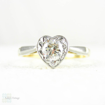 Heart Shape Diamond Engagement Ring, Vintage Love Heart Ring Set With Round Brilliant Cut Diamond in 18 Carat Gold & Platinum.