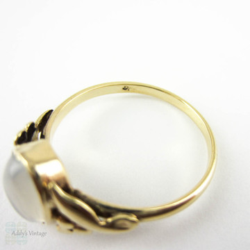 Antique Moonstone Ring, 9 Carat Yellow Gold Floral Design Single Moonstone Cabochon Ring, Early 20th Century.