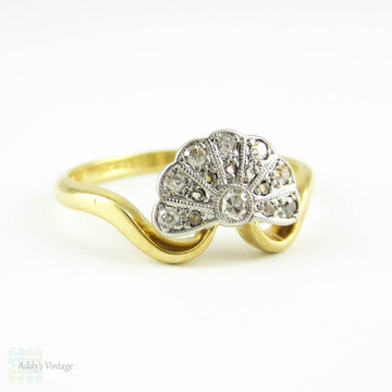 Art Deco Fan Shaped Diamond Engagement Ring, Vintage 18 Carat & Platinum Diamond Cluster Ring with Miligrain Beading, Circa 1920s.