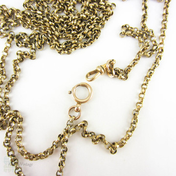 Antique Rolled Gold Long Guard Chain, Victorian Belcher Style Link Faceted Design. Large Spring Bolt Clasp & Dog Clip Fastener, Circa 1880s.