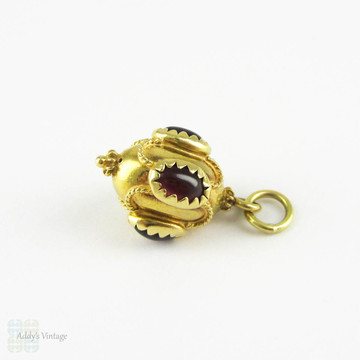Victorian 18 Carat Gold Charm Bauble, Garnet Cabochon & Engraved Gold Pendant Charm, Circa 1870s.