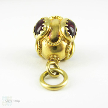 Victorian 18 Carat Gold Charm Bauble, Garnet Cabochon & Engraved Gold Pendant Charm, Circa 1870s.