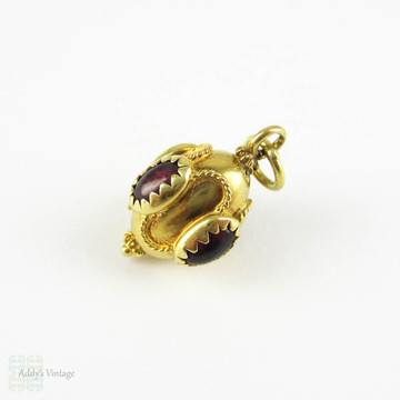 Victorian 18 Carat Gold Charm Bauble, Garnet Cabochon & Engraved Gold Pendant Charm, Circa 1870s.