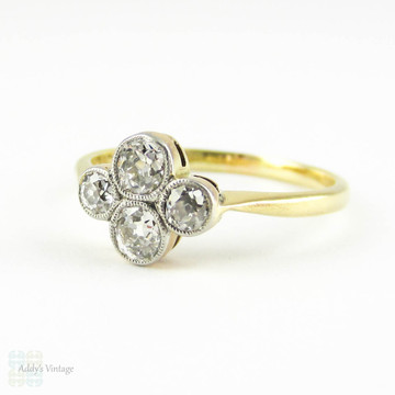 Old Mine Cut Diamond Ring, Antique Quatrefoil Four Stone Diamond Ring. Bezel Set 18 Carat & Platinum, 0.51 ctw, Circa 1900s.