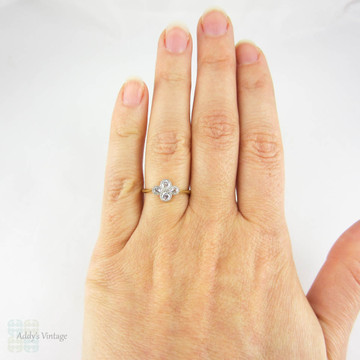 Old Mine Cut Diamond Ring, Antique Quatrefoil Four Stone Diamond Ring. Bezel Set 18 Carat & Platinum, 0.51 ctw, Circa 1900s.