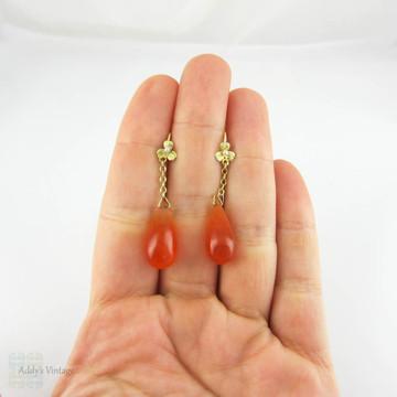 SALE Edwardian Carnelian Drop Earrings with Seed Pearls in Yellow Gold. Dangle Earrings with Clover Design, Circa 1900 - 1915.