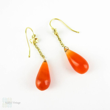 SALE Edwardian Carnelian Drop Earrings with Seed Pearls in Yellow Gold. Dangle Earrings with Clover Design, Circa 1900 - 1915.