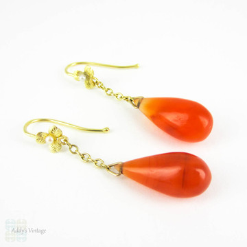 SALE Edwardian Carnelian Drop Earrings with Seed Pearls in Yellow Gold. Dangle Earrings with Clover Design, Circa 1900 - 1915.